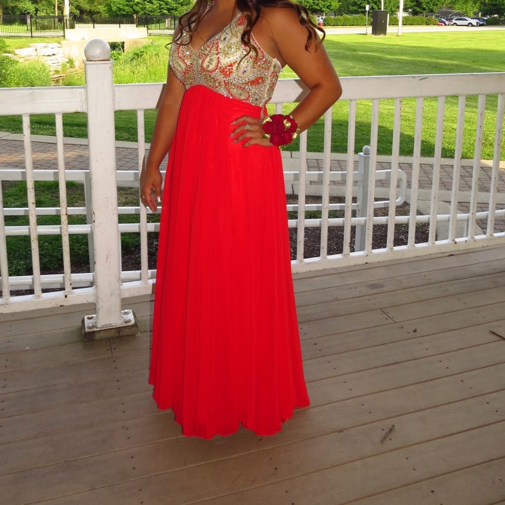 Red Prom Dress With Gold and Silver Too